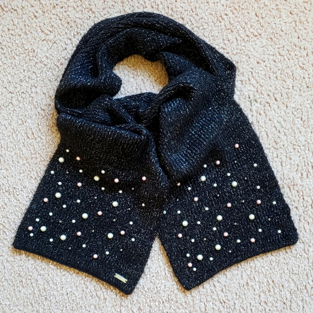 NWT Karl Lagerfeld Pearl Scarf Metallic Thread Black Scarf with Pearls